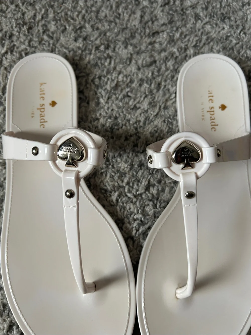 kate spade White Patent Leather T-Strap Sandals with Spade Emblem